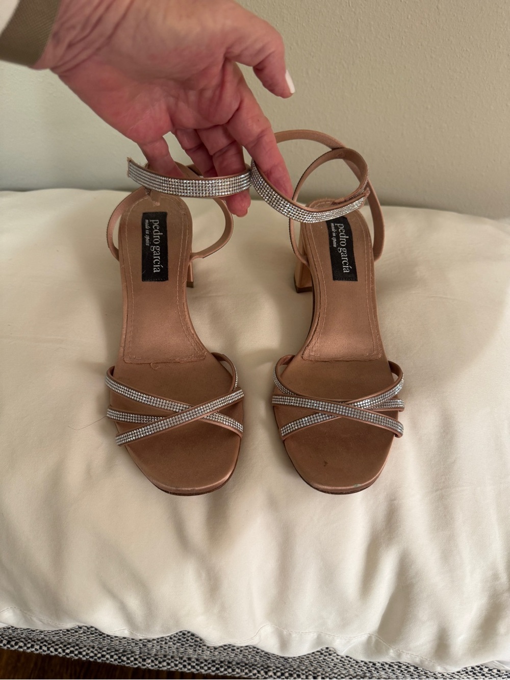 Pedro Garcia Metallic Rose-Strap Rhinestone Heels